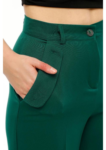Kadın Yüksek Bel Cebi Kapaklı Rahat Kalıp Palazzo Pantolon - Koyu Yeşil fırsatları