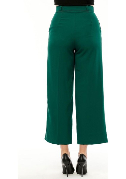 Kadın Yüksek Bel Cebi Kapaklı Rahat Kalıp Palazzo Pantolon - Koyu Yeşil indirimleri