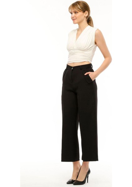 Kadın Yüksek Bel Cebi Kapaklı Rahat Kalıp Palazzo Pantolon - Siyah