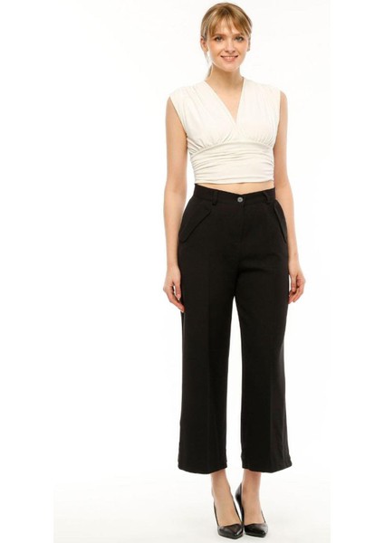 Kadın Yüksek Bel Cebi Kapaklı Rahat Kalıp Palazzo Pantolon - Siyah fiyatları