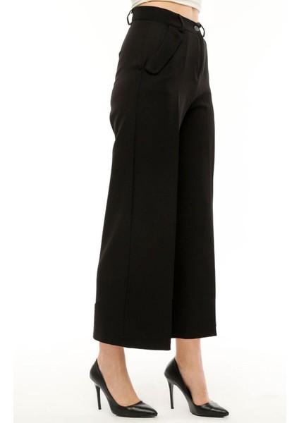 Kadın Yüksek Bel Cebi Kapaklı Rahat Kalıp Palazzo Pantolon - Siyah modelleri