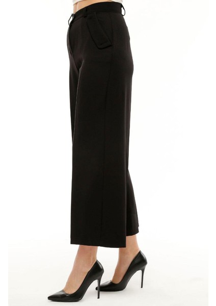 Kadın Yüksek Bel Cebi Kapaklı Rahat Kalıp Palazzo Pantolon - Siyah fırsatları