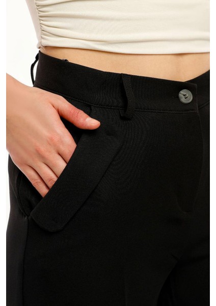 Kadın Yüksek Bel Cebi Kapaklı Rahat Kalıp Palazzo Pantolon - Siyah indirimleri