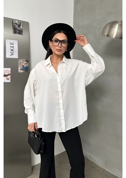 Kadın Oversize Gömlek Uzun Kollu Düşük Omuz Dökümlü Gömlek