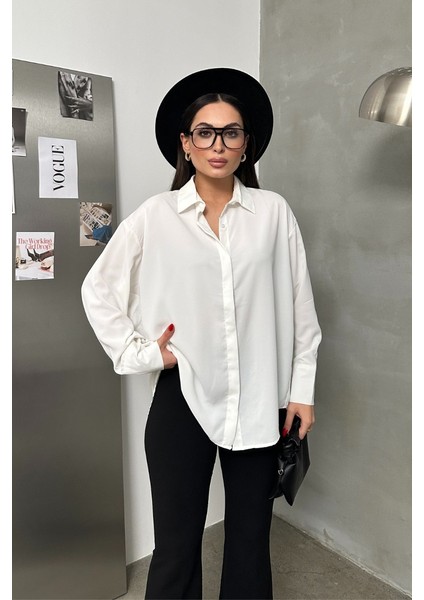 Kadın Oversize Gömlek Uzun Kollu Düşük Omuz Dökümlü Gömlek