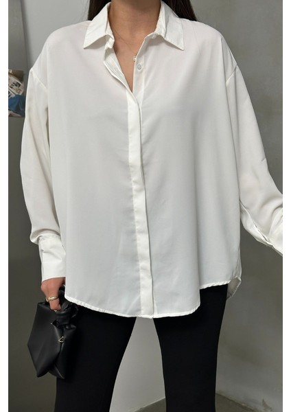 Kadın Oversize Gömlek Uzun Kollu Düşük Omuz Dökümlü Gömlek