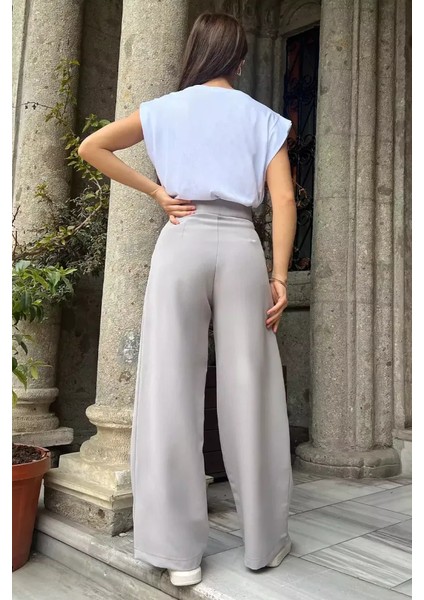 Yüksek Bel Düğme Detaylı Pileli Kadın Bol Paça Palazzo Kumaş Pantolon
