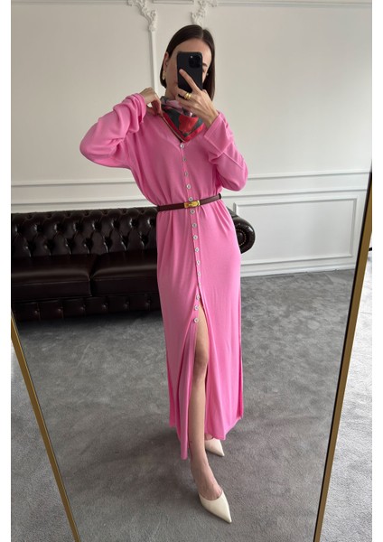 V Yaka Düğmeli Triko Elbise- Pembe