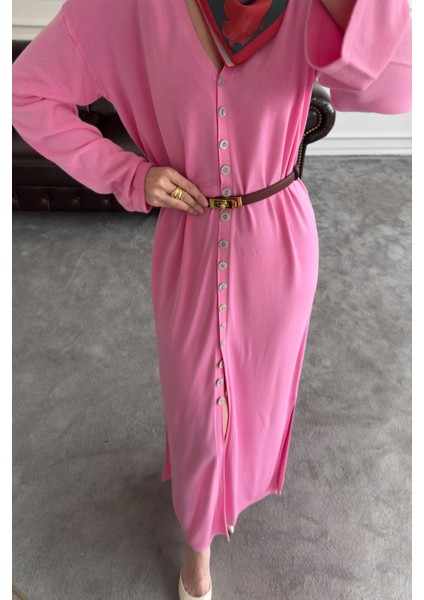V Yaka Düğmeli Triko Elbise- Pembe