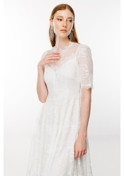 Nefeli Dantelli Midi Elbise - 3/4 Kol, Yuvarlak Yaka, Özel Gün Elbisesi fiyatları