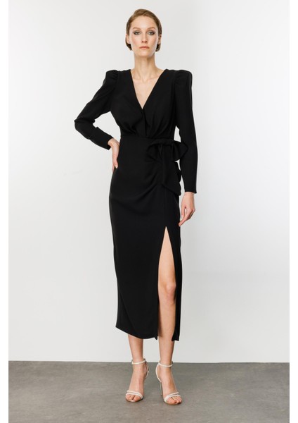 Nefeli Midi V Yaka Uzun Kol Minimalist Elbise - Özel Günler İçin