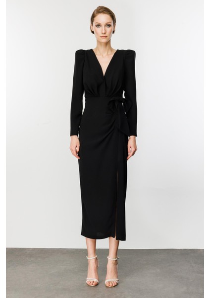 Nefeli Midi V Yaka Uzun Kol Minimalist Elbise - Özel Günler İçin fiyatları