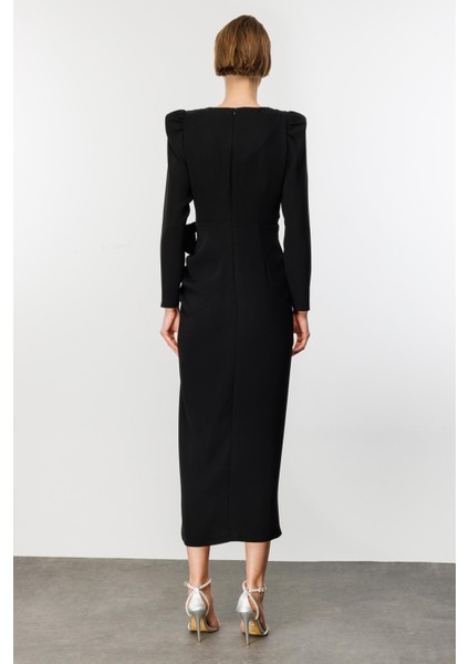 Nefeli Midi V Yaka Uzun Kol Minimalist Elbise - Özel Günler İçin fırsatları