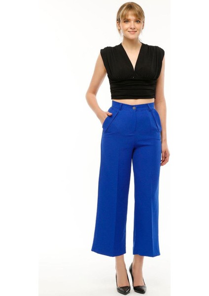 Kadın Yüksek Bel Cebi Kapaklı Rahat Kalıp Palazzo Pantolon - Saks Mavi
