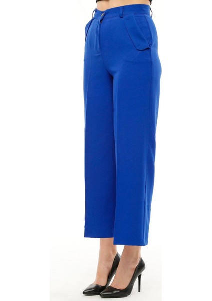 Kadın Yüksek Bel Cebi Kapaklı Rahat Kalıp Palazzo Pantolon - Saks Mavi modelleri