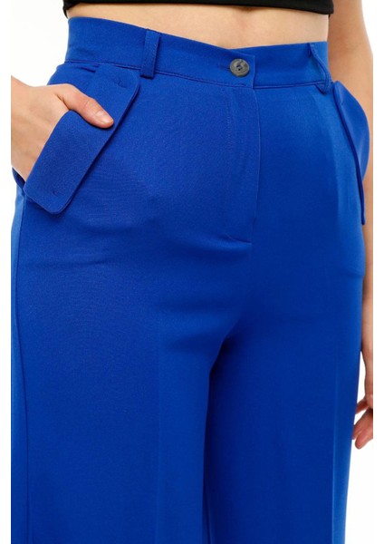 Kadın Yüksek Bel Cebi Kapaklı Rahat Kalıp Palazzo Pantolon - Saks Mavi indirimleri