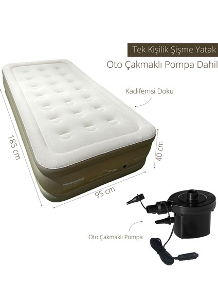 Tek Kişilik Şişme Yatak 185X95X40 cm + Oto Çakmak Girişli Pompa