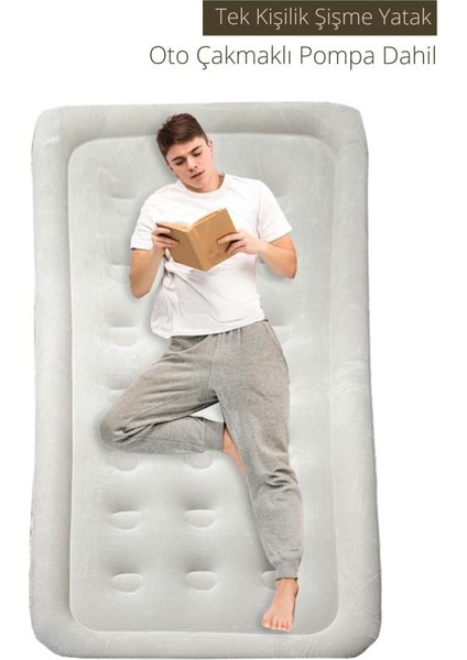 Tek Kişilik Şişme Yatak 185X95X40 cm + Oto Çakmak Girişli Pompa