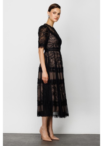 Nefeli Dantelli Midi Elbise - 3/4 Kol, Yuvarlak Yaka, Özel Gün Elbisesi fiyatları