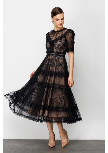 Nefeli Dantelli Midi Elbise - 3/4 Kol, Yuvarlak Yaka, Özel Gün Elbisesi modelleri