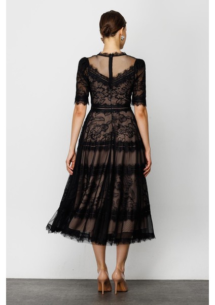 Nefeli Dantelli Midi Elbise - 3/4 Kol, Yuvarlak Yaka, Özel Gün Elbisesi fırsatları