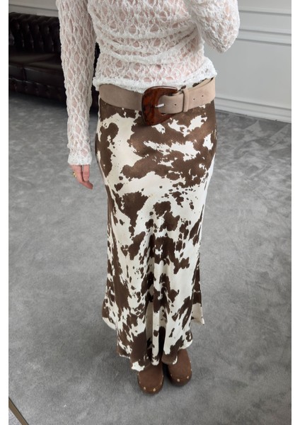 Benekli Tasarım Saten Etek- Kahverengi