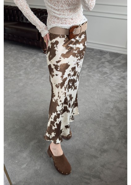 Benekli Tasarım Saten Etek- Kahverengi fiyatları