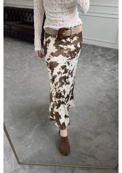 Benekli Tasarım Saten Etek- Kahverengi modelleri