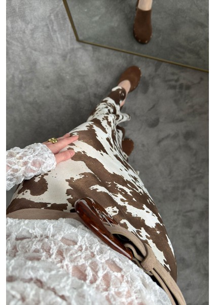 Benekli Tasarım Saten Etek- Kahverengi fırsatları