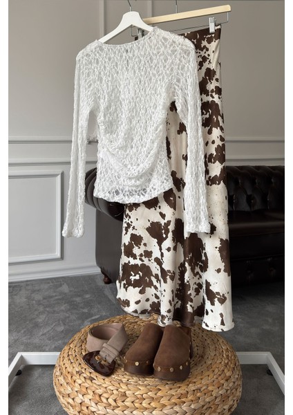 Benekli Tasarım Saten Etek- Kahverengi indirimleri