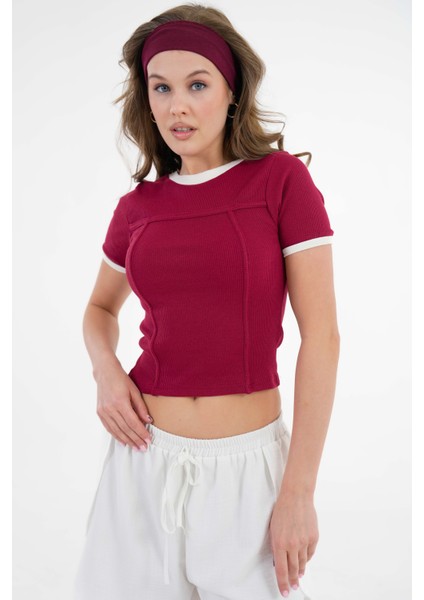Bordo Yaka ve Kol Garni Detaylı Biyeli Fitilli Örme Crop Bluz