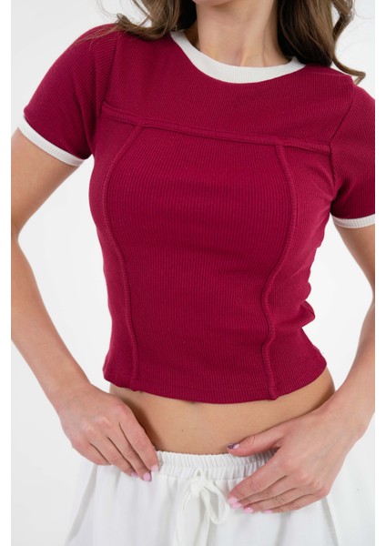 Bordo Yaka ve Kol Garni Detaylı Biyeli Fitilli Örme Crop Bluz fiyatları