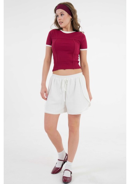 Bordo Yaka ve Kol Garni Detaylı Biyeli Fitilli Örme Crop Bluz modelleri