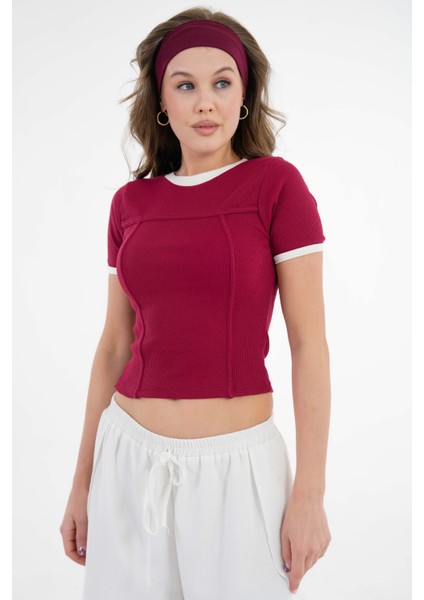 Bordo Yaka ve Kol Garni Detaylı Biyeli Fitilli Örme Crop Bluz fırsatları