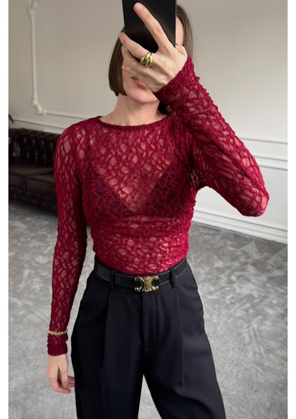 Drape Detay Tül Bluz- Bordo