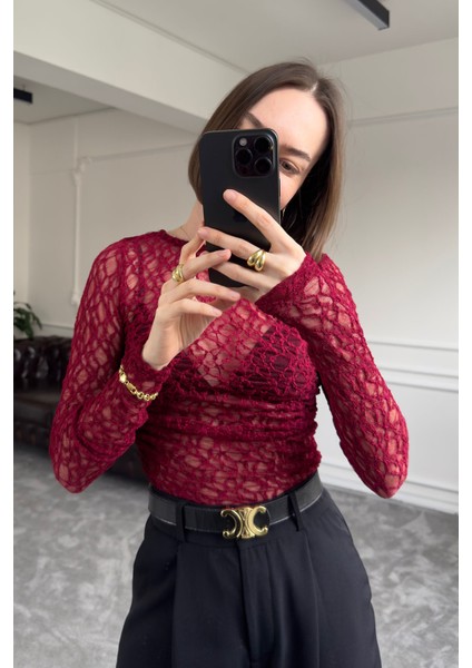 Drape Detay Tül Bluz- Bordo