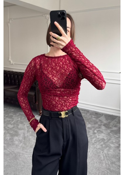 Drape Detay Tül Bluz- Bordo