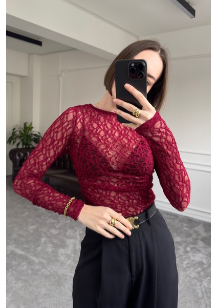 Drape Detay Tül Bluz- Bordo