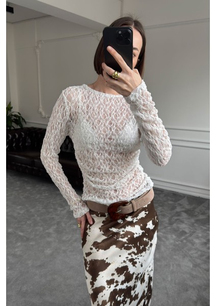 Drape Detay Tül Bluz- Ekru