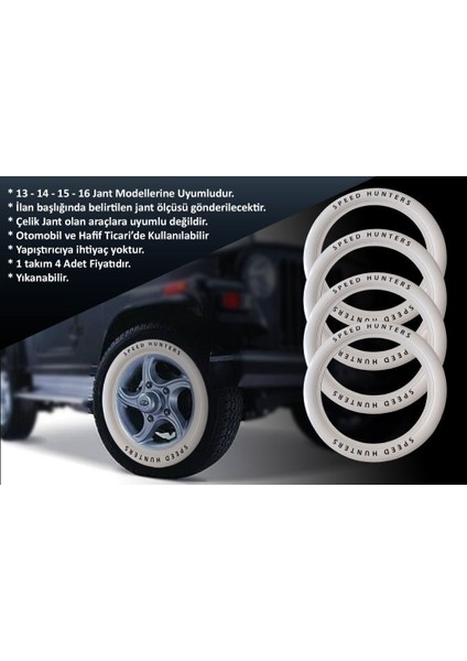 Tata Uyumlu 13 Jant Speed Hunters Lastik Yanağı Beyaz Renk 1 Takım 4 Adet