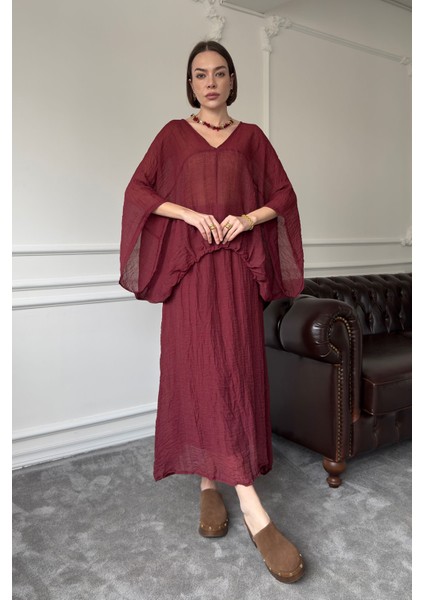 V Yaka Geniş Kol Etekli Takım- Bordo