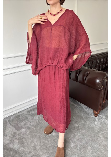 V Yaka Geniş Kol Etekli Takım- Bordo fiyatları