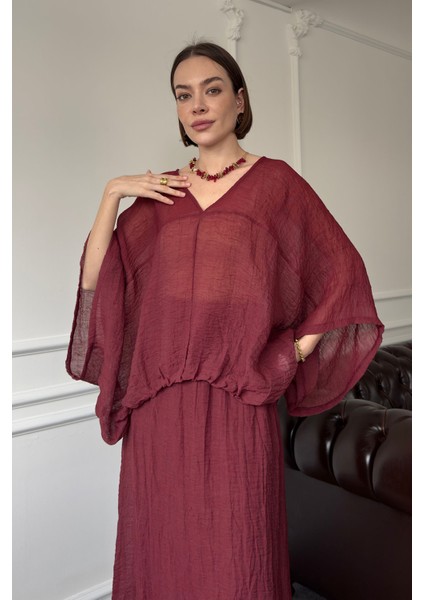 V Yaka Geniş Kol Etekli Takım- Bordo modelleri