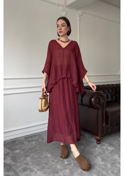 V Yaka Geniş Kol Etekli Takım- Bordo fırsatları