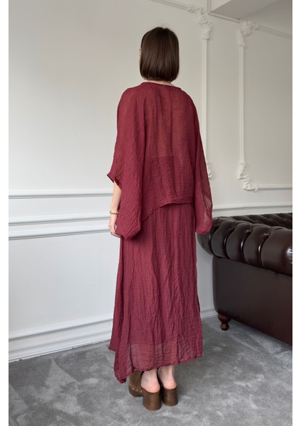 V Yaka Geniş Kol Etekli Takım- Bordo indirimleri