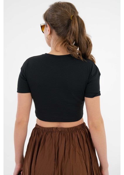 Siyah Bisiklet Yaka Kısa Kol Fitilli Örme Crop Bluz indirimleri