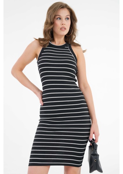 Siyah Çizgili Bisiklet Yaka Fitilli Bodycon Örme Midi Elbise indirimleri