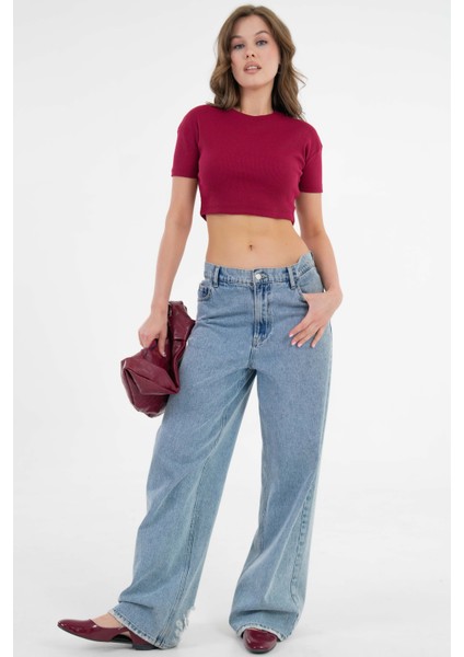Bordo Bisiklet Yaka Kısa Kol Fitilli Örme Crop Bluz modelleri