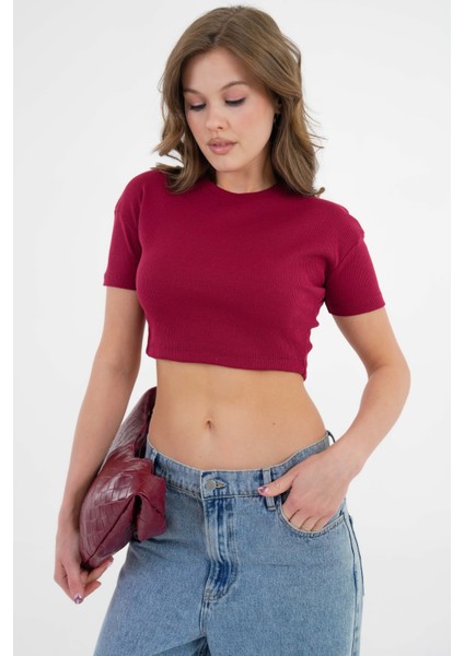 Bordo Bisiklet Yaka Kısa Kol Fitilli Örme Crop Bluz fırsatları