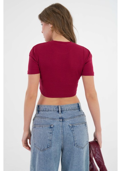 Bordo Bisiklet Yaka Kısa Kol Fitilli Örme Crop Bluz indirimleri